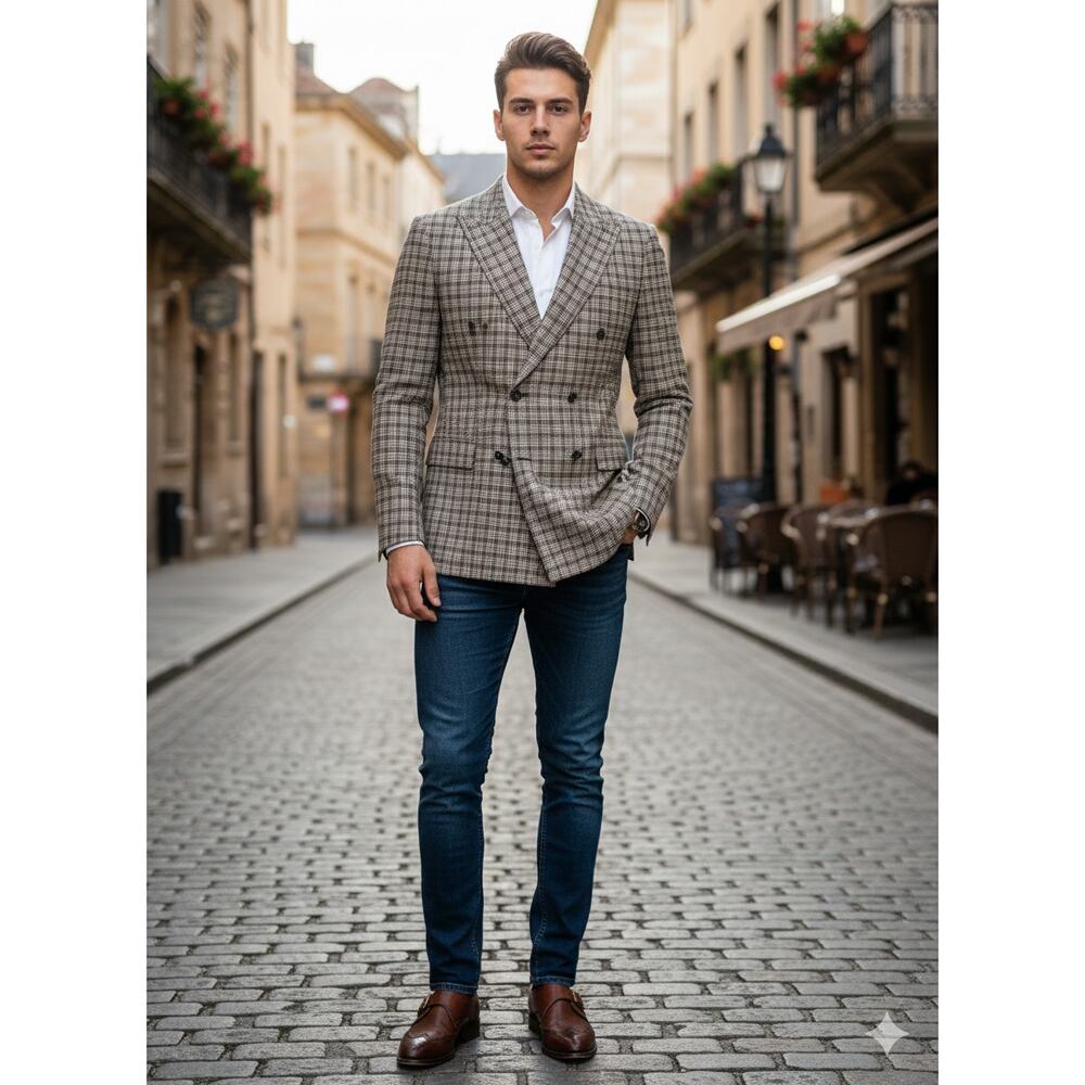 River Island Beige Plaid Double-Breasted Sport Coat